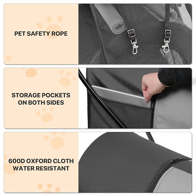 MoNiBloom Double Dog Stroller with Detachable Carrier Bags Large 4 Wheels Foldable Jogger for Small and Medium Dog Cats, Black/Gray