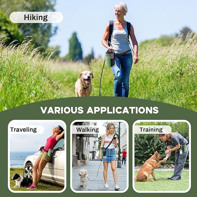 Upgraded large-sized Dog Treat Pouch with waist clip - Fashionable Green&Grey Design - Large Capacity Dog Treat Bag for Dog Walks,Outdoor Activities, Travel and Training - Includes 1 Poop Bags
