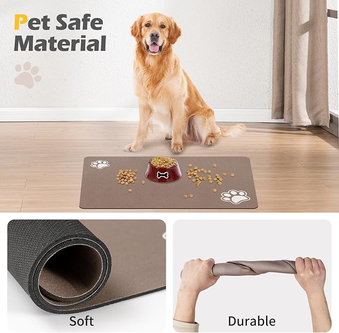 Pet Feeding Mat - Absorbent for Food and Water Bowl - Dog Accessories - Water Bowl for Messy Drinkers - No Stains Quick Dry Dispenser Mat (16"x24", Brown)