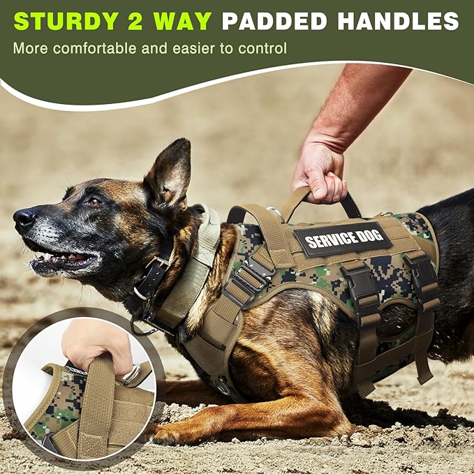 WINSEE Tactical Dog Harness with Dog Leash, Service Working MOLLE Vest with 10 Pet Patches for Dog, No Pull Military Harness and Backpack for Training Hunting Walking
