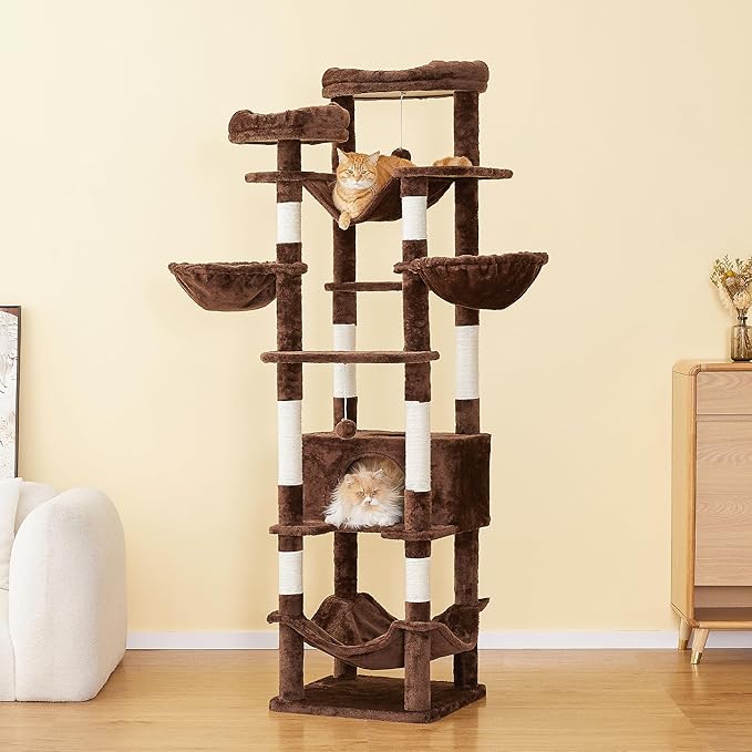 77-Inch Brown Cat Tree for Indoor Cats, Multi-Level Large Cat Tower with 4 Hammocks, 2 Padded Perches, Cat Condo, Sisal Scratching Posts and Hanging Toys for Adult Cat