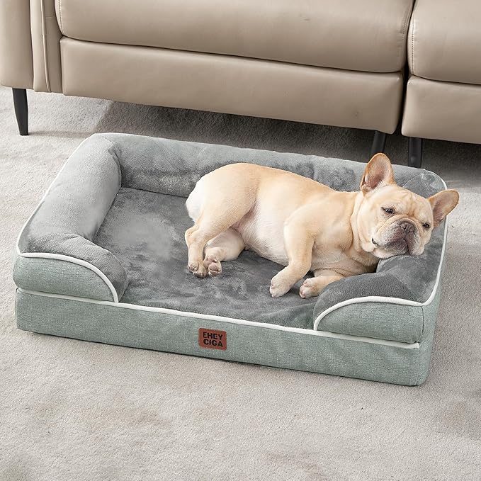 EHEYCIGA Orthopedic Dog Bed for Small Dogs, Waterproof Memory Foam Small Dog Beds with Sides, Non-Slip Bottom and Egg-Crate Foam Medium Pet Couch Bed with Washable Removable Cover, Greyish Green