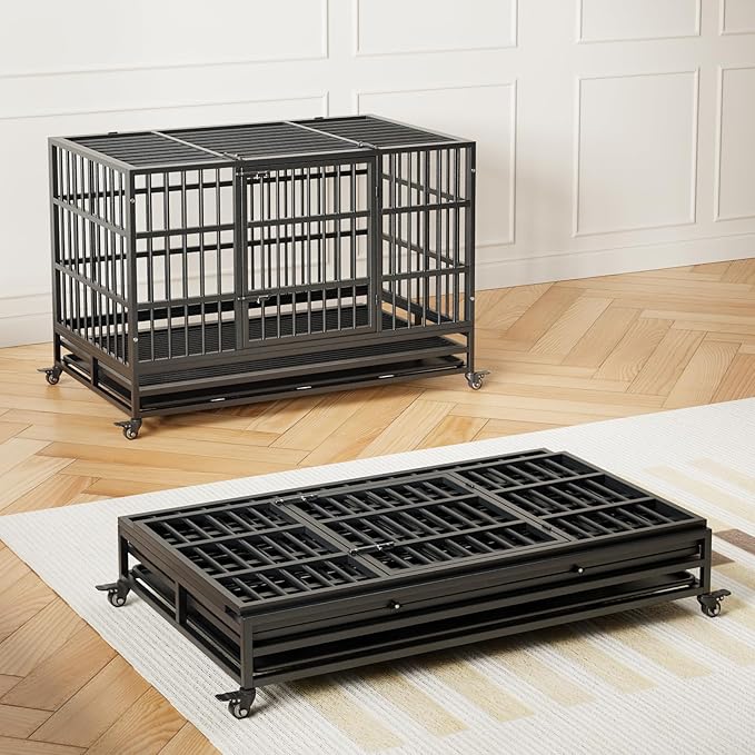 48 in Heavy Duty Dog Crate, Foldable Indoor Dog Cage with Double Door, 360° Lockable Wheels and Removable Tray, Easy to Clean and Assembly,for Small Medium Large Dogs