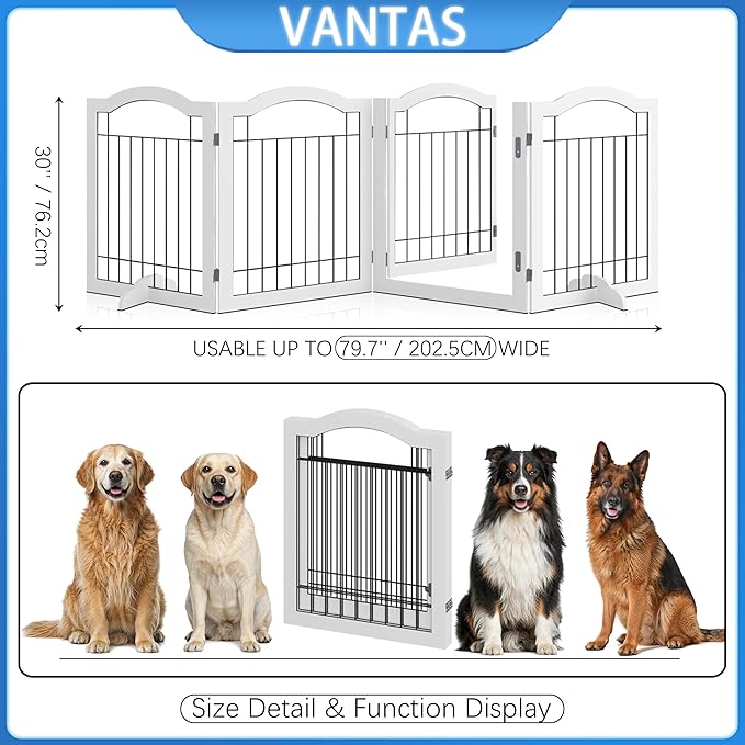 Vantas Folding No-Assembly Dog Door Pet Gate 96" Wide, 30" Tall Wooden Dog Gate with Door Walk Through, Freestanding Wire Pet Gate, Pet Puppy Safety Fence, with 2PCS Support – White