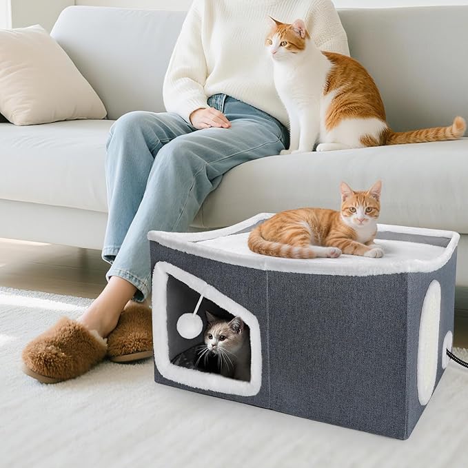 Heated Cat House for Indoor, Large Cat Bed with Heating Pad, Adjustable Temperature&Timing, with Fluffy Ball Hanging and Scratch Pad, Foldable Pet Hideaway for Small Medium and Large Cats (XXL)