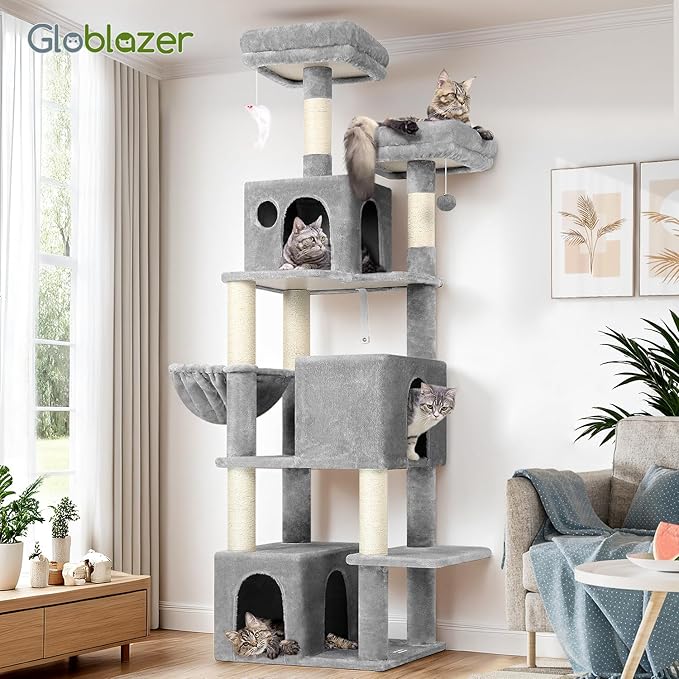 Globlazer Cat Tree Tall, 71 inches Cat Tower for Indoor Adult Cats Multi-Level 3 Condos for Indoor Cats XL Cat Tree Tower with Scratching Posts, Soft Extra Large Hanging Basket, F71, Light Gray