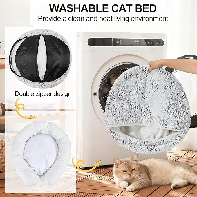 Calming Dog Beds & Cat Cave Bed with Hooded Cover,Removable Washable Round Beds for Small Medium Pets,Anti-Slip Faux Fur Fluffy Coved Bed for Improved Sleep,Fits up to 15/25 lbs(Rose,S)