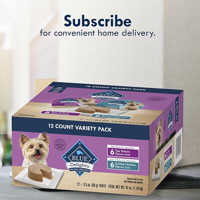 Blue Buffalo Delights Small Breed Natural Wet Dog Food Variety Pack, Top Sirloin Paté and Grilled Chicken Paté, 3.5-oz Cups, 12 Count
