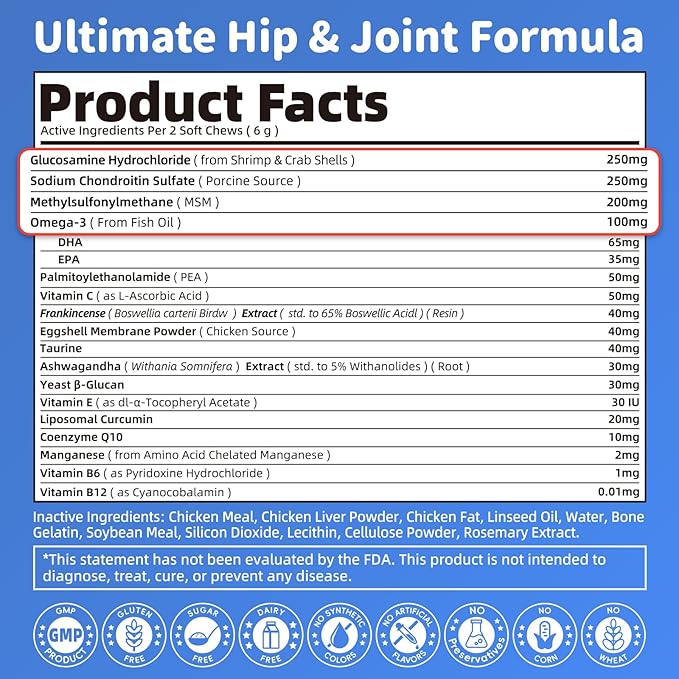Senior Dog Joint Supplement, 17-in-1 Glucosamine for Dogs with Chondroitin, MSM, Pea, CoQ10, Omega-3, Hip and Joint Chews for Dogs – Chicken Flavor – 90 Soft Chews – for All Breeds & Sizes