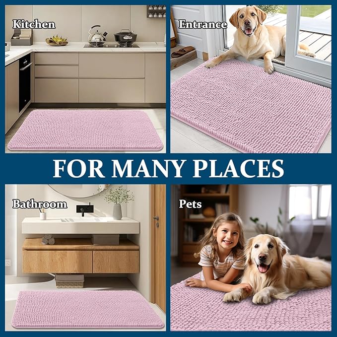 OLANLY Dog Door Mat for Muddy Paws 47x17, Absorbs Moisture and Dirt, Absorbent Non-Slip Washable Doormat, Quick Dry Chenille Mud Mat for Dogs, Entry Indoor Entryway Carpet for Inside Floor, Dusty Rose