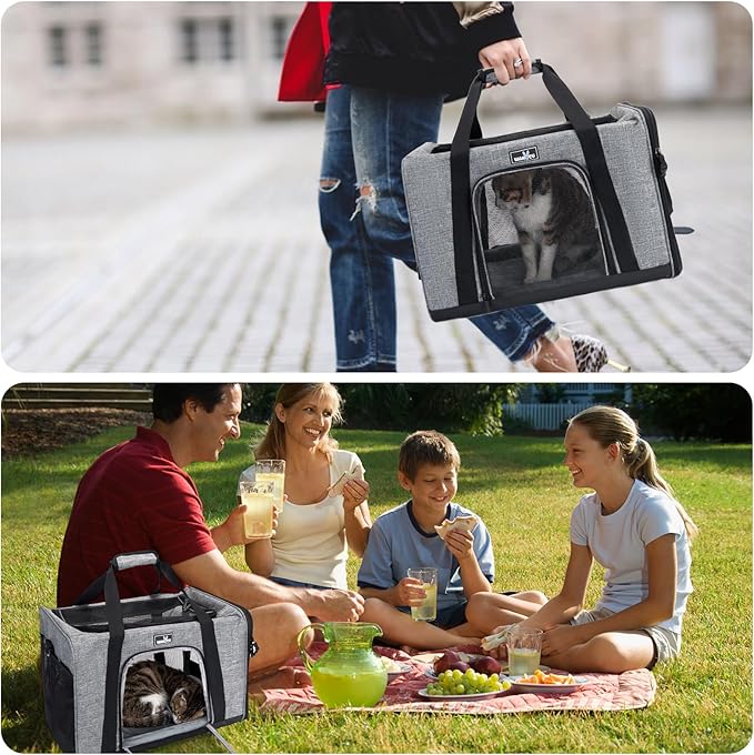 Pet Carrier for Medium Large Cats and Dogs, Dog Carrier Travel Bag with Adequate Ventilation, 5 Mesh Windows, 3 Entrance, Locking Safety Zippers, Padded Shoulder and Carrying Strap, Large