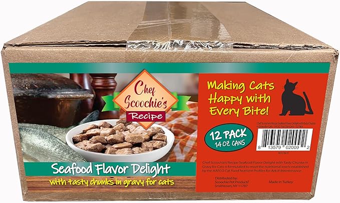 Scoochie Pet Products Chef Scoochie's Tender Seafood Chunks in Gravy Wet Cat Food - Easy Open Pop-Top Cans - Protein & Essential Nutrients - Gourmet Meal for Indoor & Outdoor Cats 12 Cans (14 oz e.)
