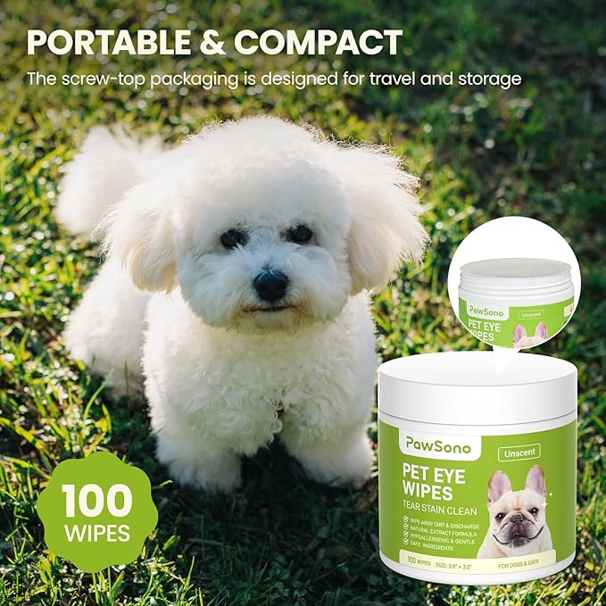 Eye Wipes for Dogs & Cats, Hypoallergenic Dog Eye Wipes Cleaner, Natural Cleaning Grooming Pet Wipes Gently Remove Tear Stain, Eye Debris, Discharge, Mucus, Non-Irritating, Unscent, 100 pcs