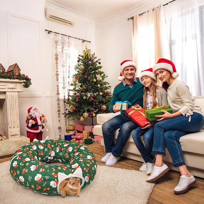 Christmas Cat Tunnel Bed in 3FT x 3FT x 10IN-Cute Cat Tube Christmas Tree Skirt with Ball,Foldable Round Pet Toy with Washable Mat for Keeping Indoor Cats Off Xmas Tree, Green
