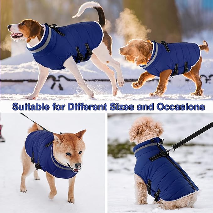Dogcheer Dog Coat, Waterproof Dog Jacket with Harness, Reflective Adjustable Puppy Winter Coat with Zipper, Christmas Snow Jacket Clothes for Small Medium Large Dogs - Blue 3XL