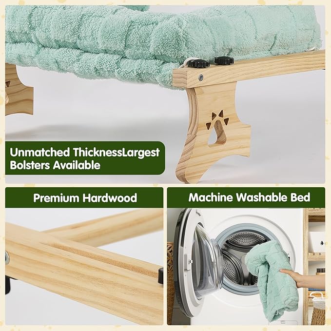 Cat Sill Window Perch Sturdy Hammock Window Seat with Cushion Bed Cover, Premium Wood & Metal Frame for Cats, Easy to Adjust Cat Bed for Windowsill, Bedside and Drawer (Blue-Green, 15)