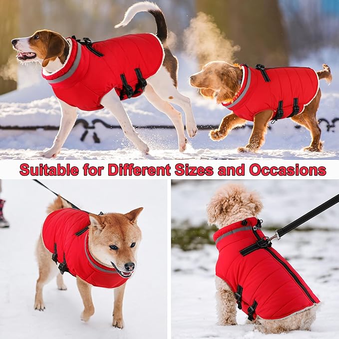 Dogcheer Dog Coat with Harness, Waterproof Dog Jacket Adjustable Pet Winter Coat with Zipper, Christmas Puppy Snow Jacket Fleece Sweater for Small Medium Large Dogs - Red XL