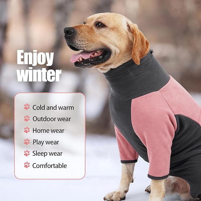 Dog Winter Coat, Warm Fleece Dog Jacket, Windproof Dog Pullover Bodysuit, Fullbody Dog Pajamas Onesie, Cold Weather Clothes for Medium Large Dog(XL,Pink)