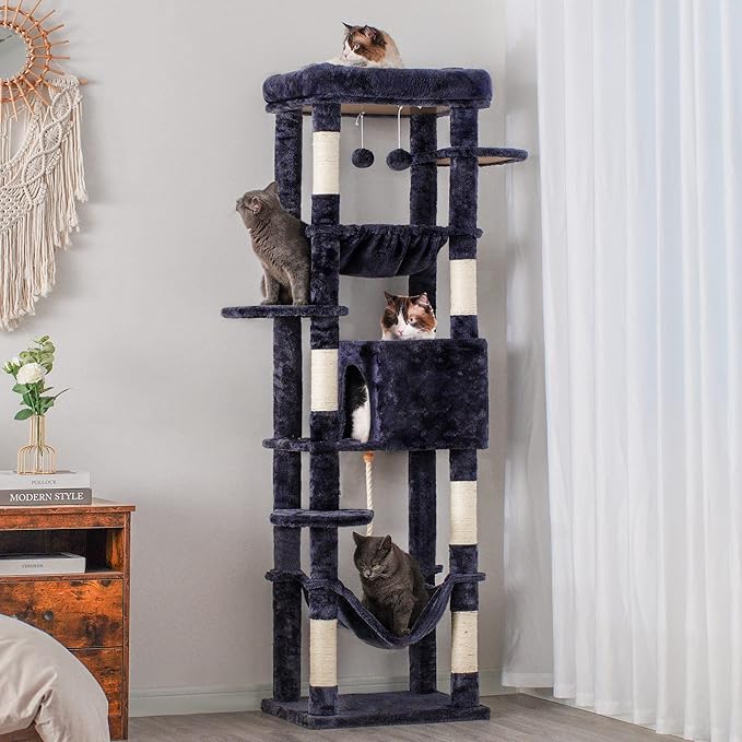 Heybly Cat Tree for Large Cats 20 lbs Heavy Duty,69 inches XXL Cat Tower for Indoor Cats,Multi-Level Furniture Condo with Big Padded Plush Perch,Cozy Basket HCT031G