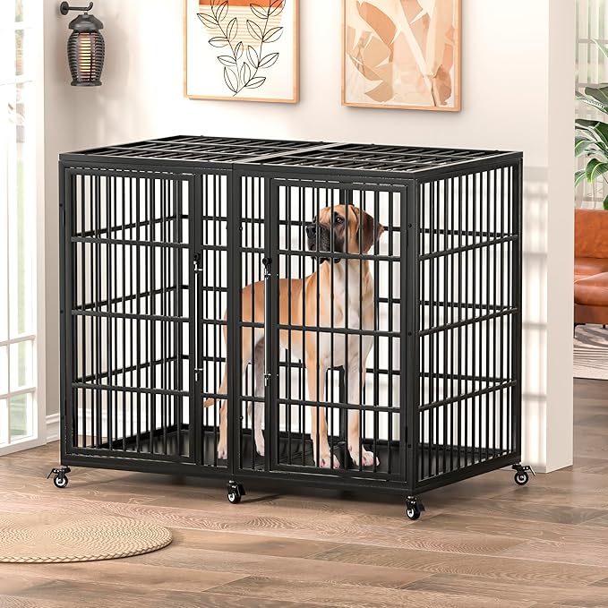 VERIFURTY 54 Inch Heavy Duty Dog Crate for Extra-Large Dogs with Self-Locking Latch, Escape-Proof Steel Kennel Indoor, XXL Large Double Door Metal Pet Cage with Wheels, Great Dan