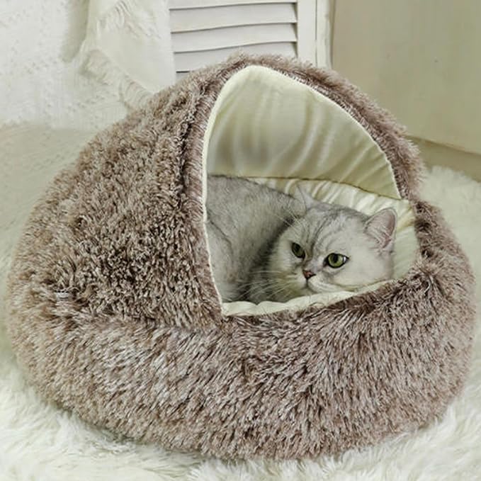 Round Plush Hooded Cat Bed, Cozy Nest Dog Beds, Cats Bed Calming Puppy Doughnut Beds with Cover Cave, Anti-Slip Bottom Washable Pets Sleeping Bag (Coffee, XS 15.8×15.8Inch)