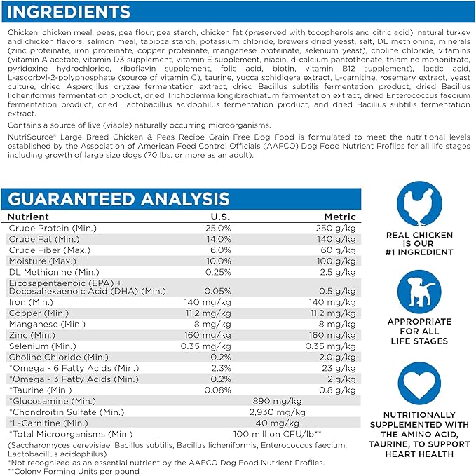 NutriSource Grain Free Dry Dog Food for Large Breeds, Chicken and Peas, 26LB