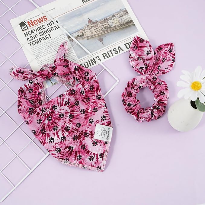 E-Clover Purple Dog Bandana & Matching Scrunchie Dog Paw Prints Pet Dog Scarf Cute Dog Costumes Accessories for Small Medium Large Dogs Lavender