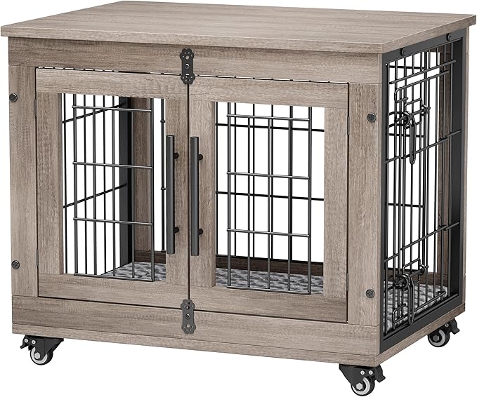 Dog Crate Furniture with Cushion, Wooden Dog Kennel Indoor with Double Doors, Dog Cage with Wheels, Dog House Side End Table for Small Dogs up to 30 lb, 27.2" L, Grey