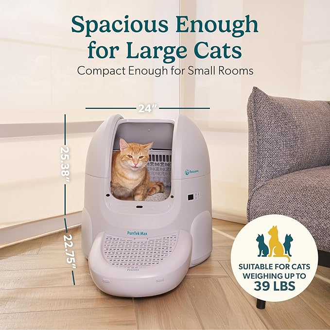 Petcove Self Cleaning Automatic Litter Box for Multi Cat - XL 65L Drum/Ultra Quiet 30-35dB Operation / 5 Safety Sensors/Easy App Control with Ultra Fast 5 GHz WiFi - Includes Ramp & 15 Litter Bags