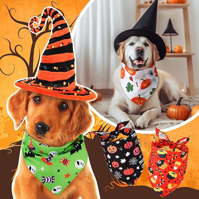 Sanwuta 100 Pcs Halloween Dog Bandanas Bulk Pumpkin Bat Spider Skull Pattern Dog Bandanas for Dogs Triangle Bibs Scarf for Small Medium Large Pet Christmas Costume Accessories(X-Large)
