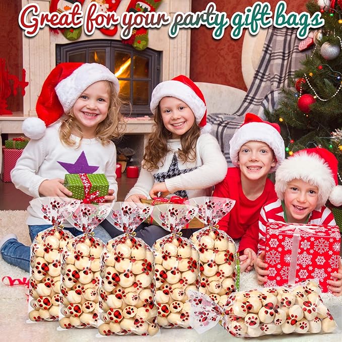 Blulu 100 Pieces Dog Treat Bags Puppy Party Favor Pet Paw Cone Cellophane Bags Candy Heat SealableDog Paw Gift with 100 Pieces Silver Twist Ties for Pet Cat Treat Party Favor(Red and Black)