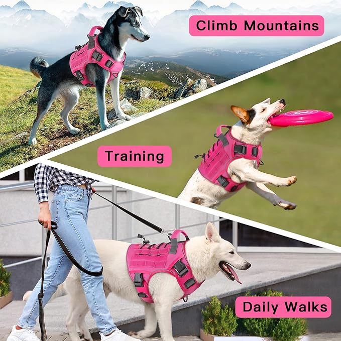 WINGOIN Tactical Dog Harness for Extra Large Dogs, Heavy Duty No Pull Dog Harness with Handle, Adjustable Reflective Military K9 Big Dog Vest for Great Dane, Walking, Training, Hunting, Pink (XXL)