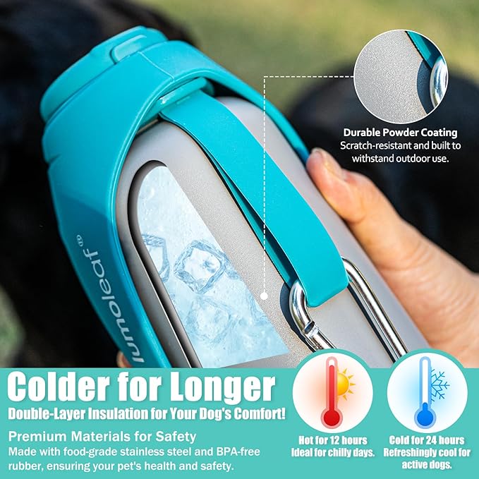 LumoLeaf Insulated Dog Water Bottle 27 oz Stainless Steel - Keep Water Cool or Warm, Portable Pet Water Bowl for Travel, Wide Mouth for Easy Ice Filling & Cleaning