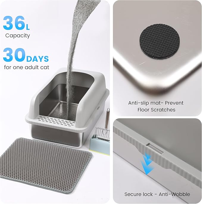 Stainless Steel XL Cat Litter Box for Big Cats- Metal Extra Large Litter Box with Lid, Include Metal Litter Scoop,Mat. High Sided with Guard Prevent Splashing. No Smell, Always New After Clean.
