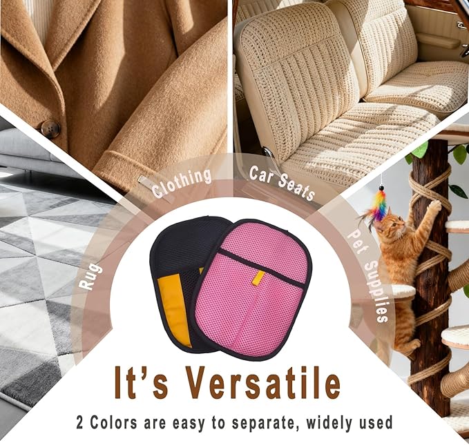 2Pcs Pet Hair Removal Gloves - Large Size Electrostatic Reusable Grooming Glove for Dog Cat Shedding, Washable Fur Remover for Furniture & Laundry (Black/Yellow + Pink)