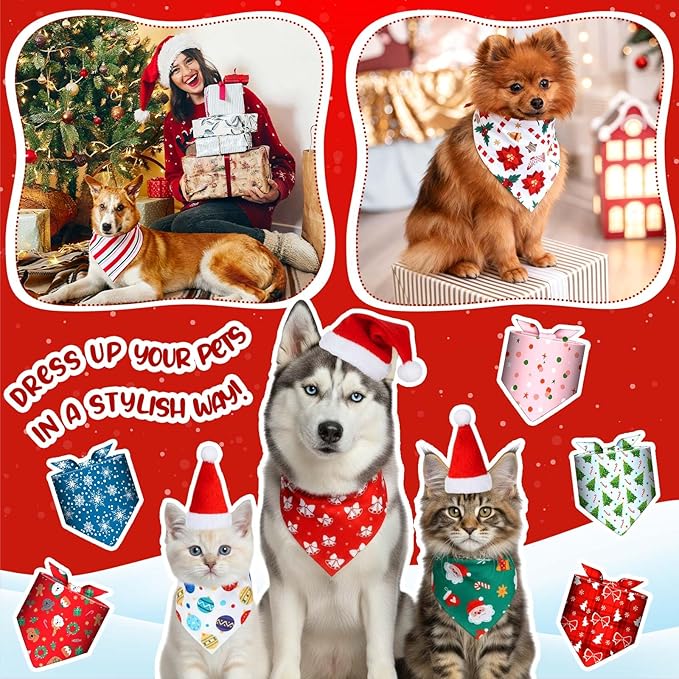 Geyoga 240 Pcs Halloween Dog Bandanas Bulk Thanksgiving Pet Bandanas Adjustable Fall Triangle Dog Grooming Scarf Bibs Kerchief for Small Medium Large Cats Pet Costume A(Christmas)