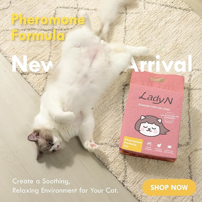 Lady N Cat Attract Tofu Litter – Natural Attractant Formula for Litter Box Training, Calming Pheromone for Multi-Cat Homes, Granular Mini-Pellet Shape for Self-Cleaning Box, 9lb