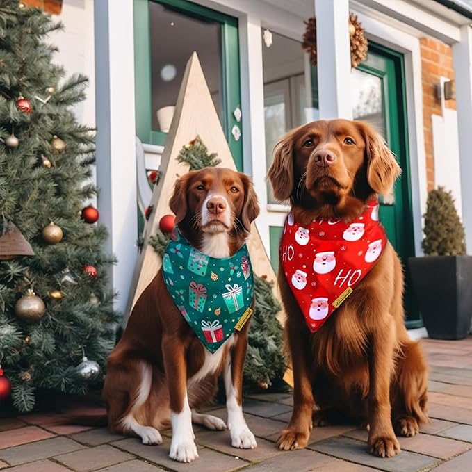 Christmas Dog Bandanas 2 Pack, 4 Pattern Reversible Holiday Bandana for Boy and Girl, Dog Scarf for Small and Medium Breed Dogs | Chritmas Gift | Reindeer | Santa Claus | Tree |