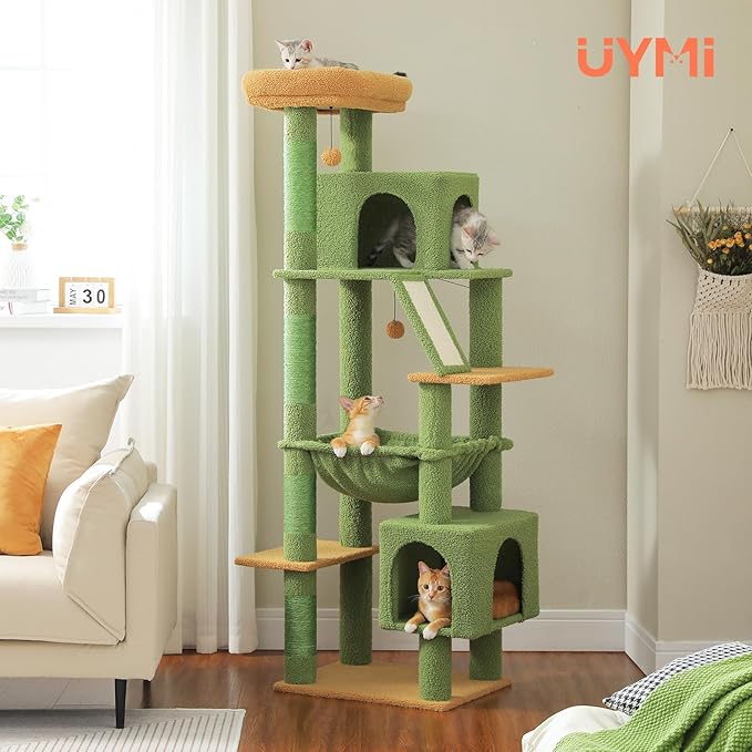 71 Inch Tall Cactus Cat Tree for Indoor Cats Large Adult, Multi-Level Cat Tower with Extra Large Hammock, 2 Cat Caves, Spacious Top Perch, Scratching Pad, Green