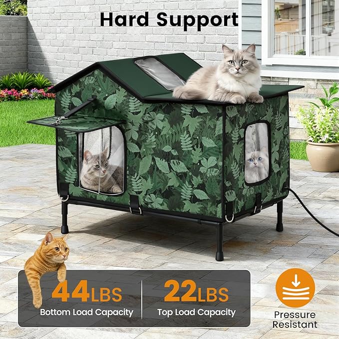 Heated Cat House for Outside in Winter, Weatherproof & Insulated Large Cat Shelter with Heated Cat Bed and 2 Safe Escape Doors for Multiple Stray/Feral Cats(Leaf Pattern, 27.6"x19.3"x21.3")