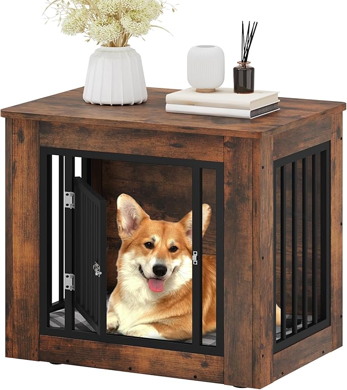 YITAHOME 27.2" L Dog Crate Furniture for Medium Dogs, 2-in-1 Iron-Wood Fusion Dog cage Indoor up to 30 lb, Side End Table, Modern Dogs Kennel with Waterproof Top, Safety Corners,Steel Lock,Rustic