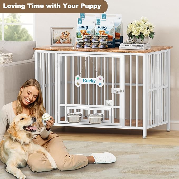 Easycom 41" Dog Crate Furniture Foldable, No Assembly Decorative Dog Kennel Indoor, Dog Crates for Large Dogs(35-60 lb), Wooden Dog Crate with Adjustable Bowls and Name Tag, End Table, White & Beech