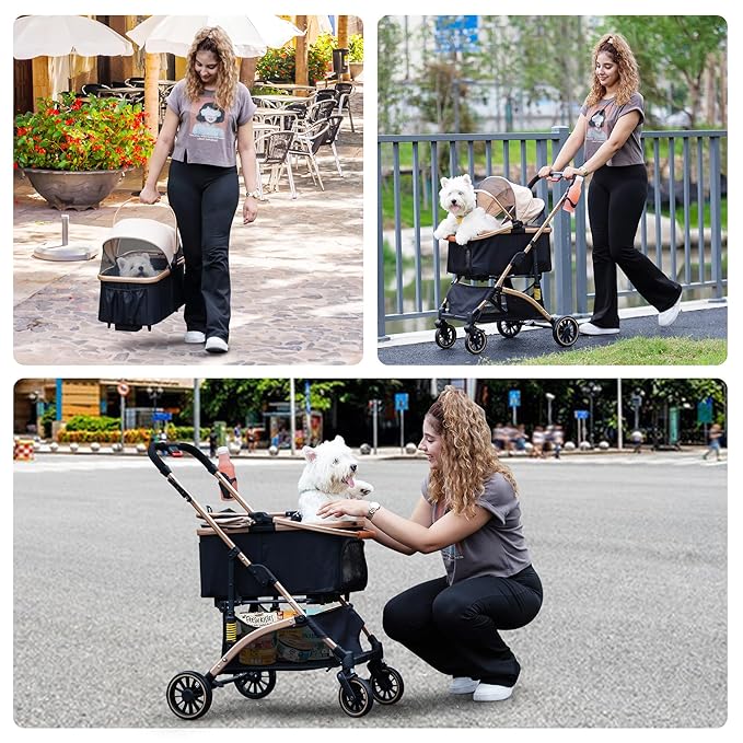 Coziwow Dog Stroller for Pets, One Hand Fold Puppy Stroller with 6 Shock Absorbers, Removable Cabin & Storage Basket, 4 Wheels Dual Brakes, Rose Gold + Black