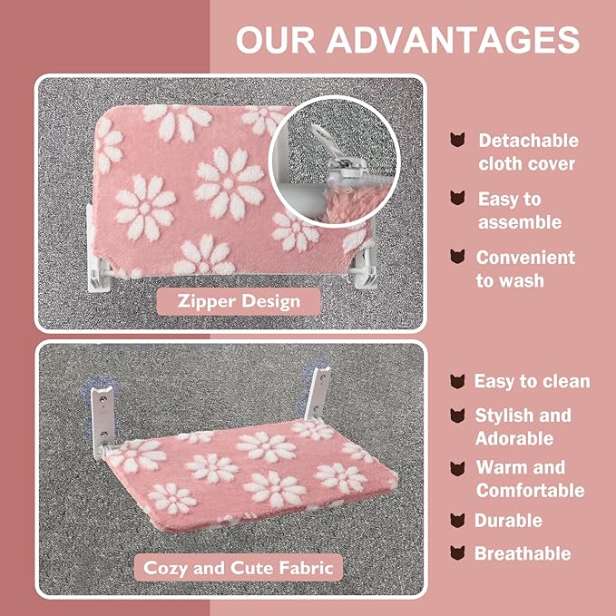 Cat Window Perch, Foldable Cat Window Hammock with Cute 3D Textured Flower Cover, Breathable Mesh Cover and Strong Suction Cups, Cordless Window Seat Bed for Indoor Cats (Pink, Medium)