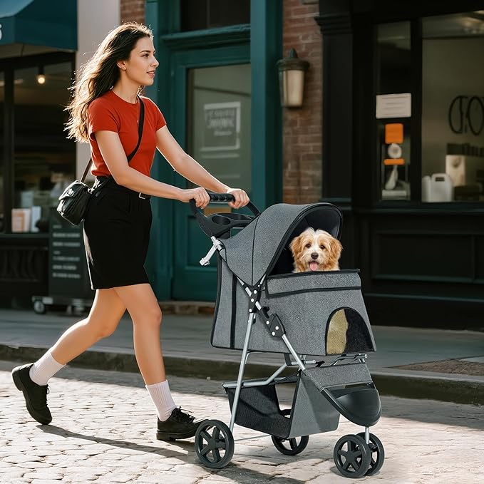 Cat Dog Stroller,3-Wheels Pet Stroller for Medium/Puppy Dogs 30 Lbs, Cat Strollers for 1 Cats, Foldable Dog Stroller with Storage Basket and Cup Holder, Breathable Mesh Grey