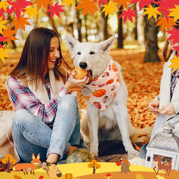 Chunful 60 Pcs Thanksgiving Fall Bandanas for Dogs Autumn Maple Leaf Pumpkin Patterns Soft Bibs Adjustable Triangle Doggie Scarf for Small Medium Large Pet Costume(31.5 x 21.7 x 21.7 Inch)
