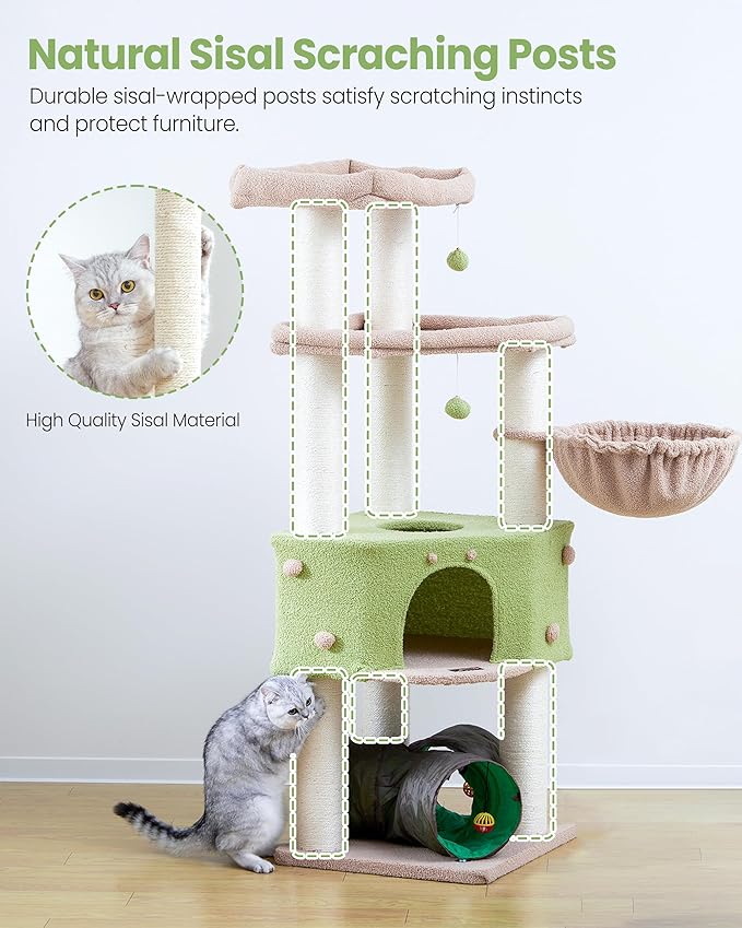 Cat Tree Tower for Indoor Cats Large Adult - Heavy Duty Extra Wide Scratching Post (φ4.4in) Maine Coon Condo House with Hammock Tunnel - 60 Inch XL Feline Bed Trees - Big Multi Level Cat Houses Stand