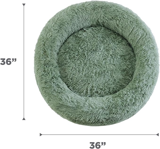 Best Friends by Sheri Original Calming Donut Dog and Cat Bed, Shag Faux Fur, Sage Green, (36in x 36in) - Anxiety Relief for Pets Up to 100 lbs