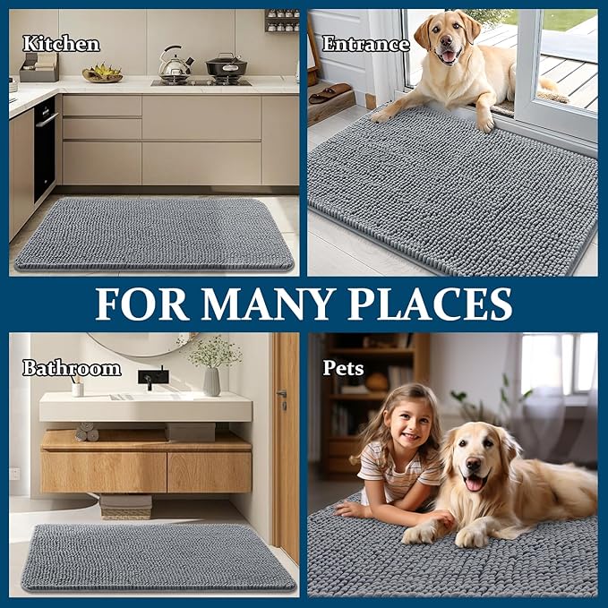 OLANLY Dog Door Mat for Muddy Paws 70x35, Absorbs Moisture and Dirt, Absorbent Non-Slip Washable Doormat, Quick Dry Chenille Mud Mat for Dogs, Entry Indoor Entryway Carpet for Inside Floor, Grey