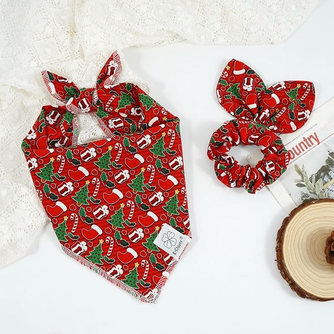 E-Clover Christmas Dog Bandanas & Matching Scrunchie Set Green Red Dog Scarf Bibs Pet Bandana with Bow Tie for Medium Large Dogs Owner Mom Winter
